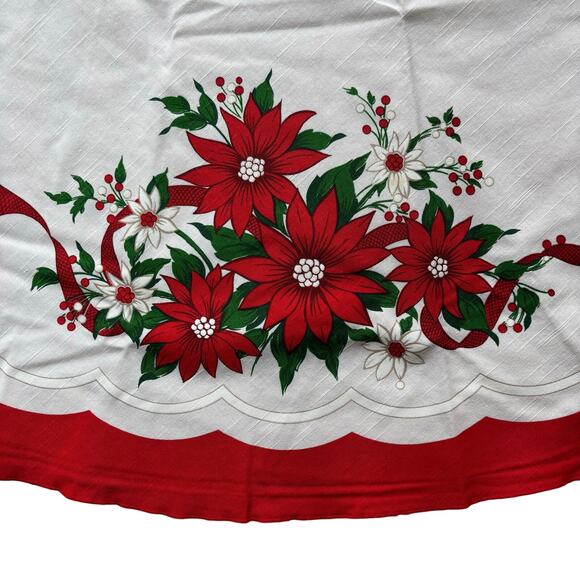 Vintage Christmas Holiday Tablecloth round white red poinsettias cotton poly 80s - Picture 3 of 9